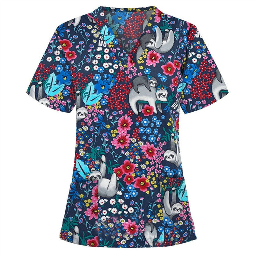 Printed V-Neck Short Sleeve Nurse Uniform Set