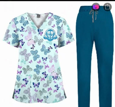 Printed V-Neck Short Sleeve Nurse Uniform Set