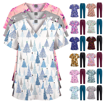 Printed V-Neck Short Sleeve Nurse Uniform Set