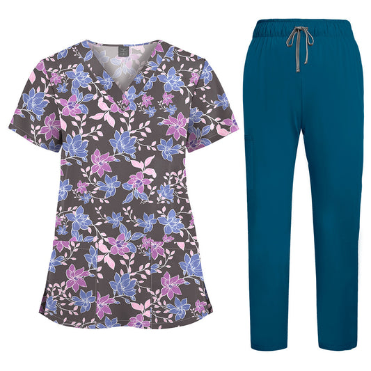 Printed V-Neck Short Sleeve Nurse Uniform Set