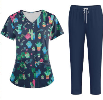 Printed V-Neck Short Sleeve Nurse Uniform Set