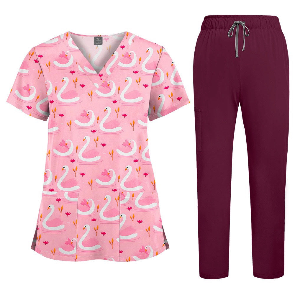 Printed V-Neck Short Sleeve Nurse Uniform Set