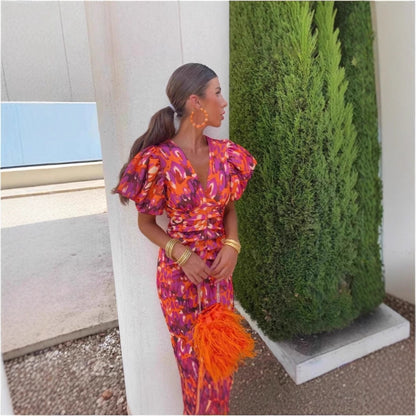 Printed V Neck Tight Fitting Puff Short Sleeve Women Dress