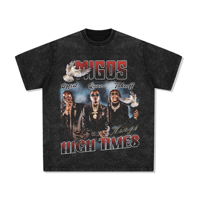 Printed washed short-sleeved T-shirt
