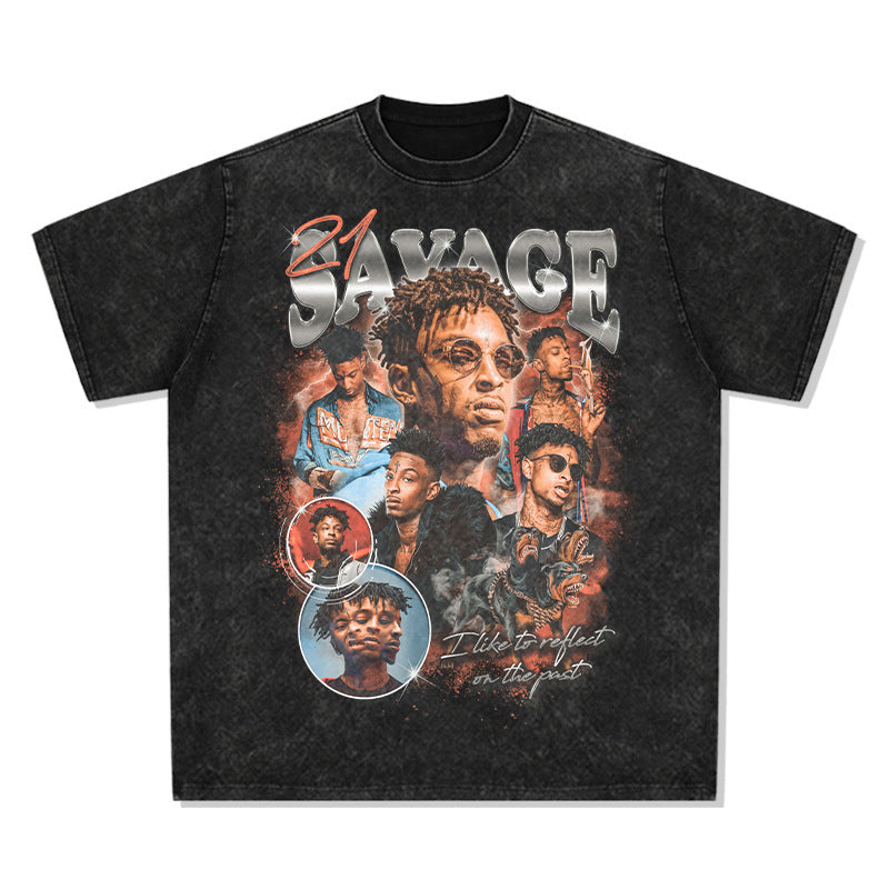 Printed washed short-sleeved T-shirt