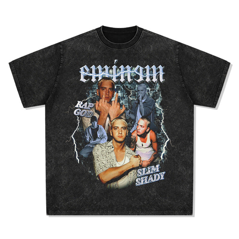 Printed washed short-sleeved T-shirt