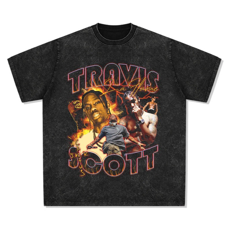 Printed washed short-sleeved T-shirt