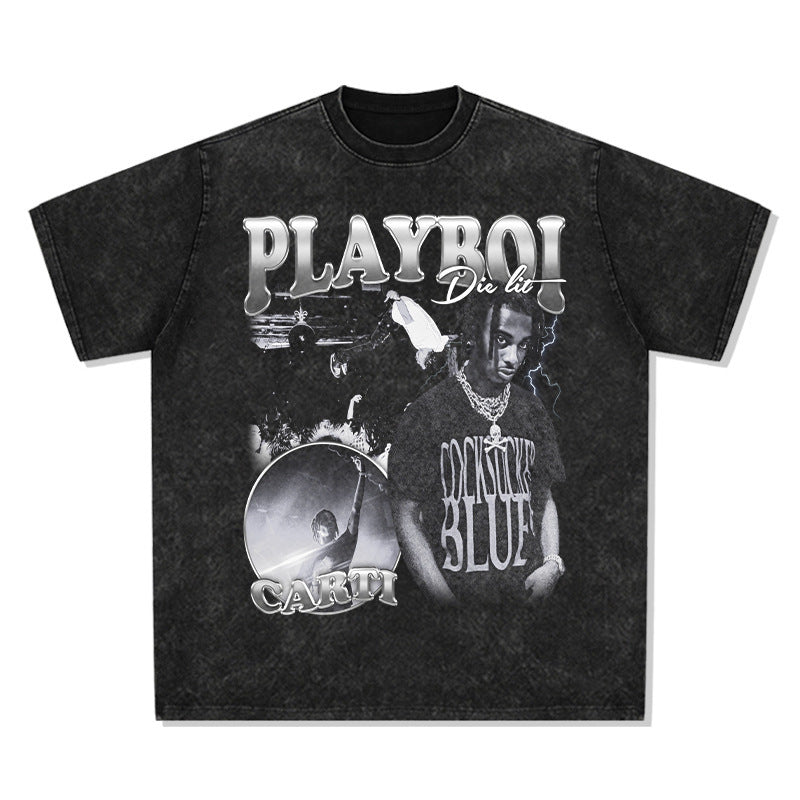 Printed washed short-sleeved T-shirt