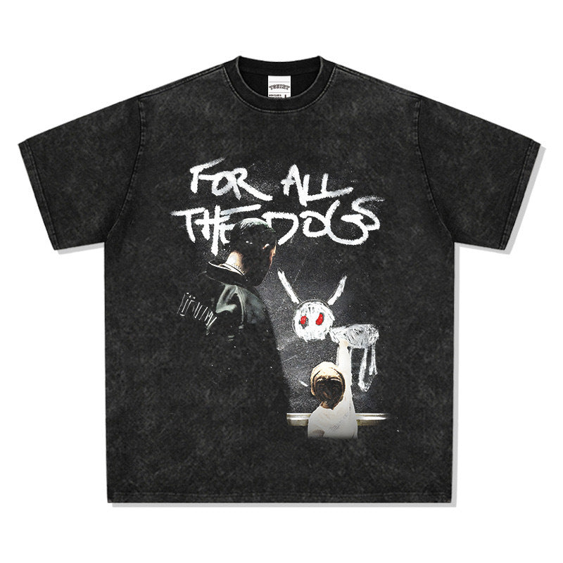 Printed washed short-sleeved T-shirt
