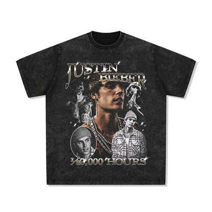 Printed washed short-sleeved T-shirt