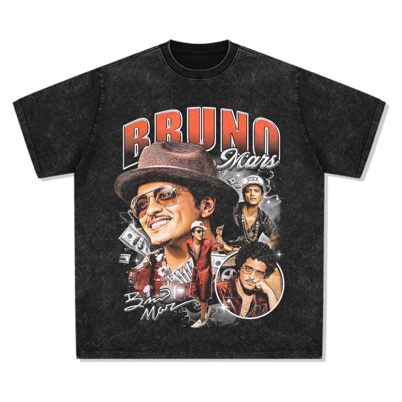 Printed washed short-sleeved T-shirt