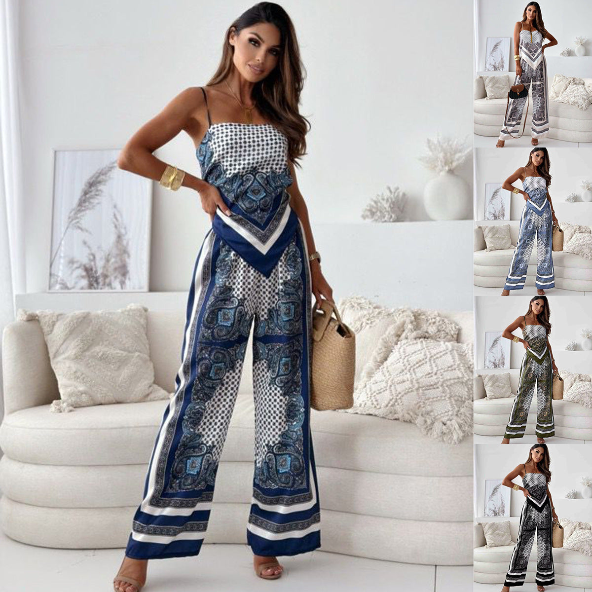 Printed Women's Suspenders and Pants Set