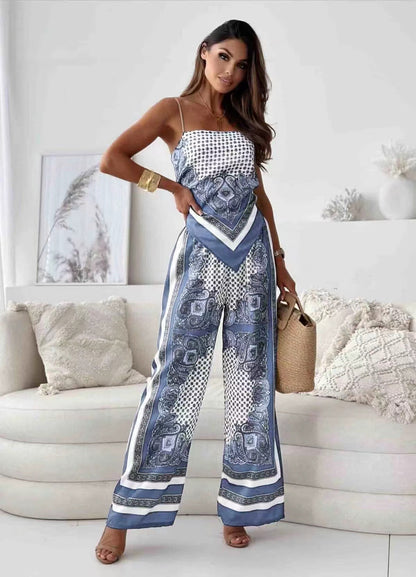 Printed Women's Suspenders and Pants Set