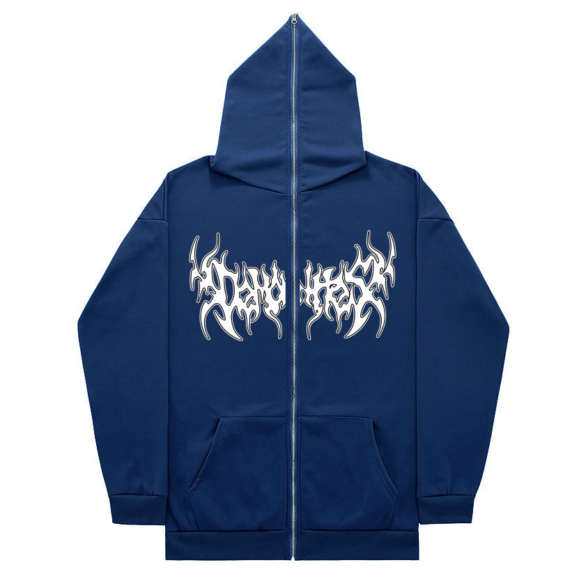 Printed Zip Hooded Sweatshirt Loose Fleece Jacket