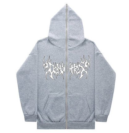 Printed Zip Hooded Sweatshirt Loose Fleece Jacket