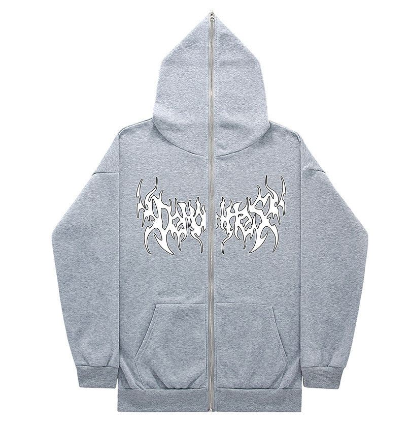 Printed Zip Hooded Sweatshirt Loose Fleece Jacket