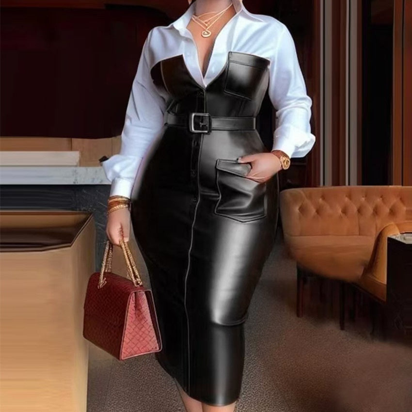PU Belt Contrast Color Long Sleeve Dress