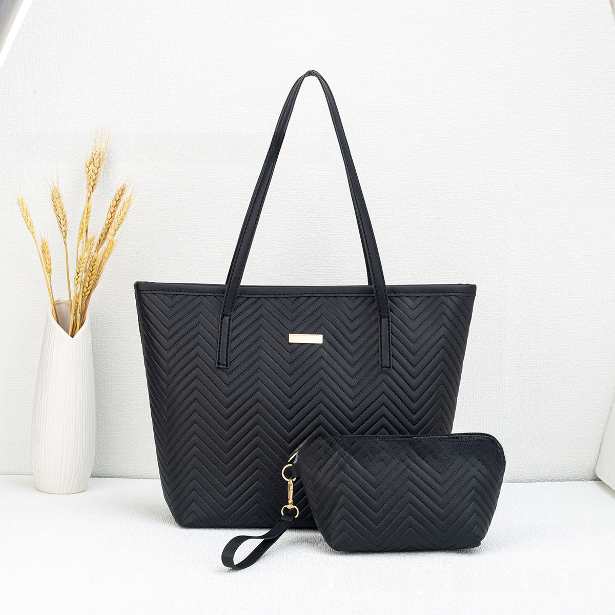 PU Embroidery Shoulder Tote Bag Set