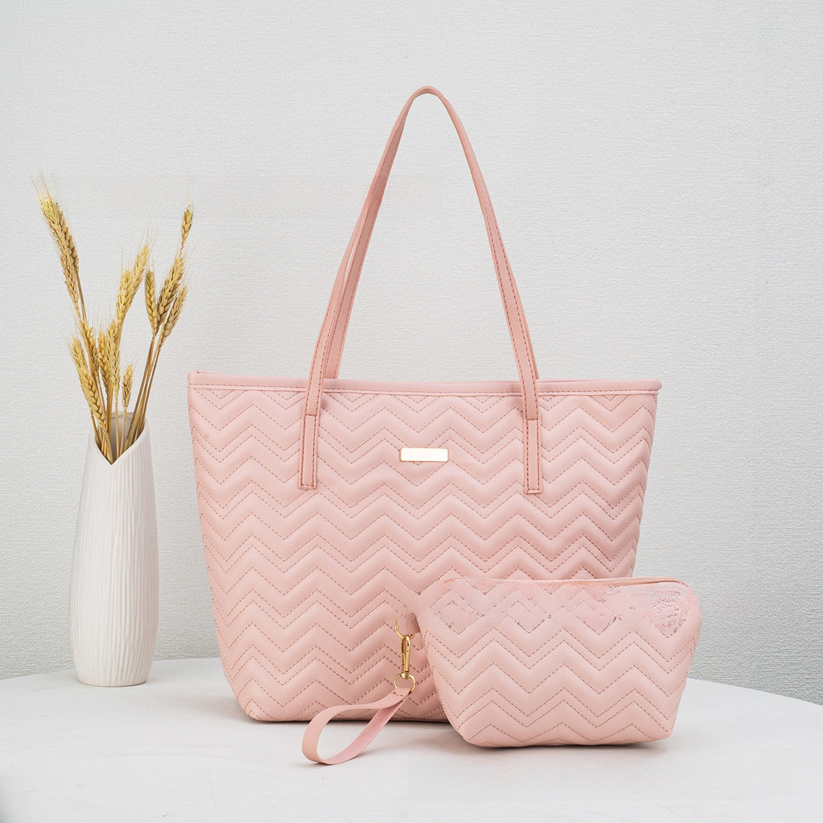 PU Embroidery Shoulder Tote Bag Set