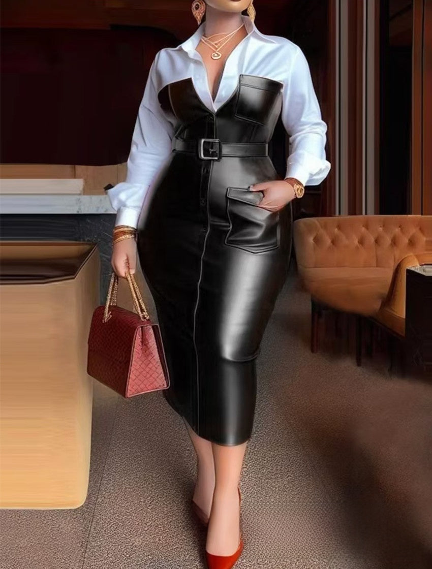 PU Leather Belt Contrast Color Shirt Dress
