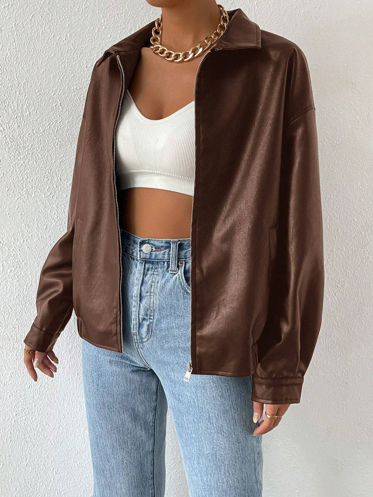 PU Leather Jacket for Women Lapel Collar Long Sleeve Casual Coat