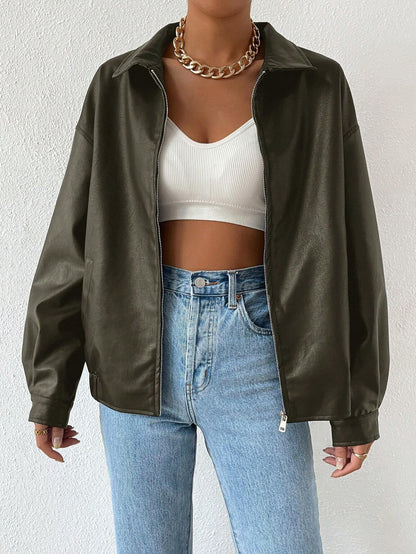 PU Leather Jacket for Women Lapel Collar Long Sleeve Casual Coat