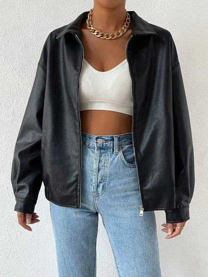 PU Leather Jacket for Women Lapel Collar Long Sleeve Casual Coat