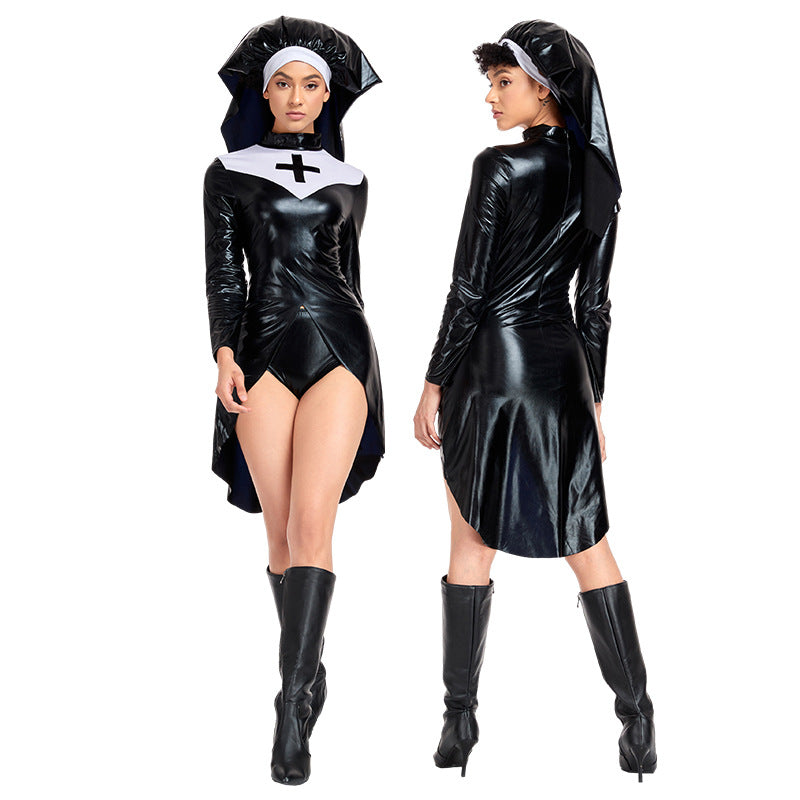 PU Leather Nuns Costume with Punk Cross for Cosplay