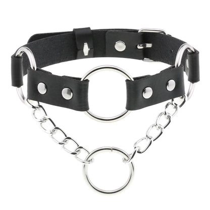 PU Leather O-Ring Collar Necklace Punk Chain Neck Strap