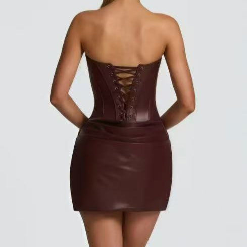 PU leather pleated chest-hugging dress