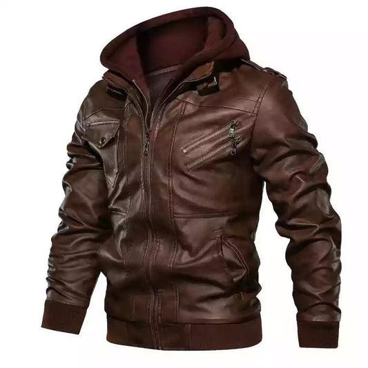 PU Leather Stand Collar Hooded Jacket