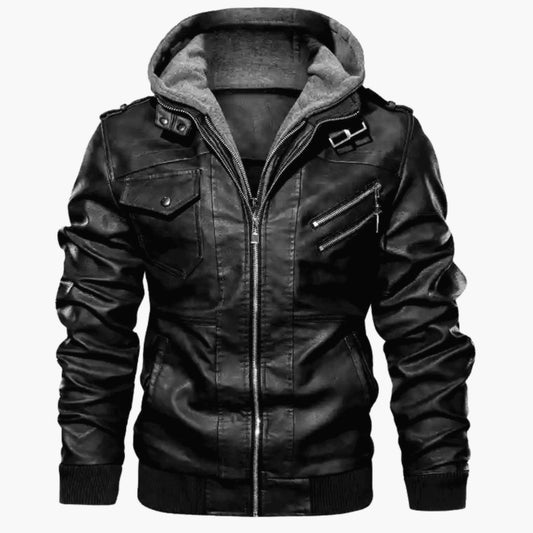PU Leather Stand Collar Hooded Jacket