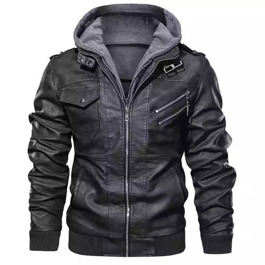 PU Leather Stand Collar Hooded Jacket