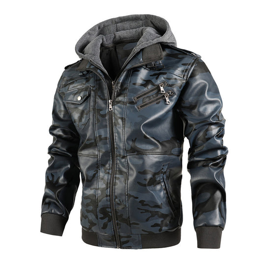 PU Leather Stand Collar Hooded Jacket