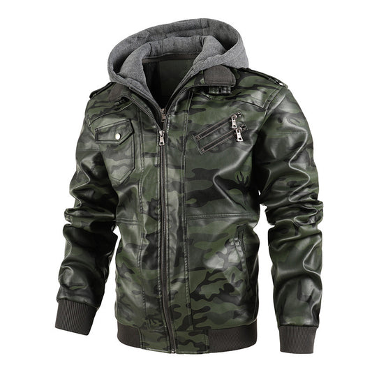 PU Leather Stand Collar Hooded Jacket