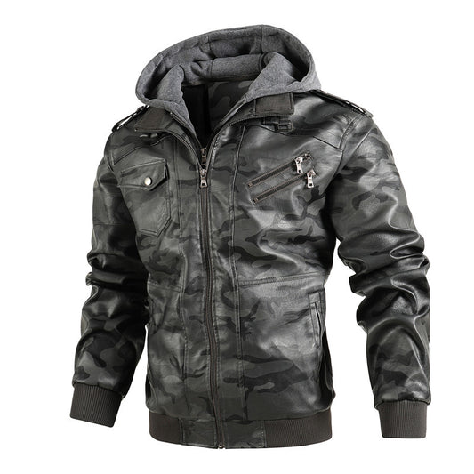 PU Leather Stand Collar Hooded Jacket