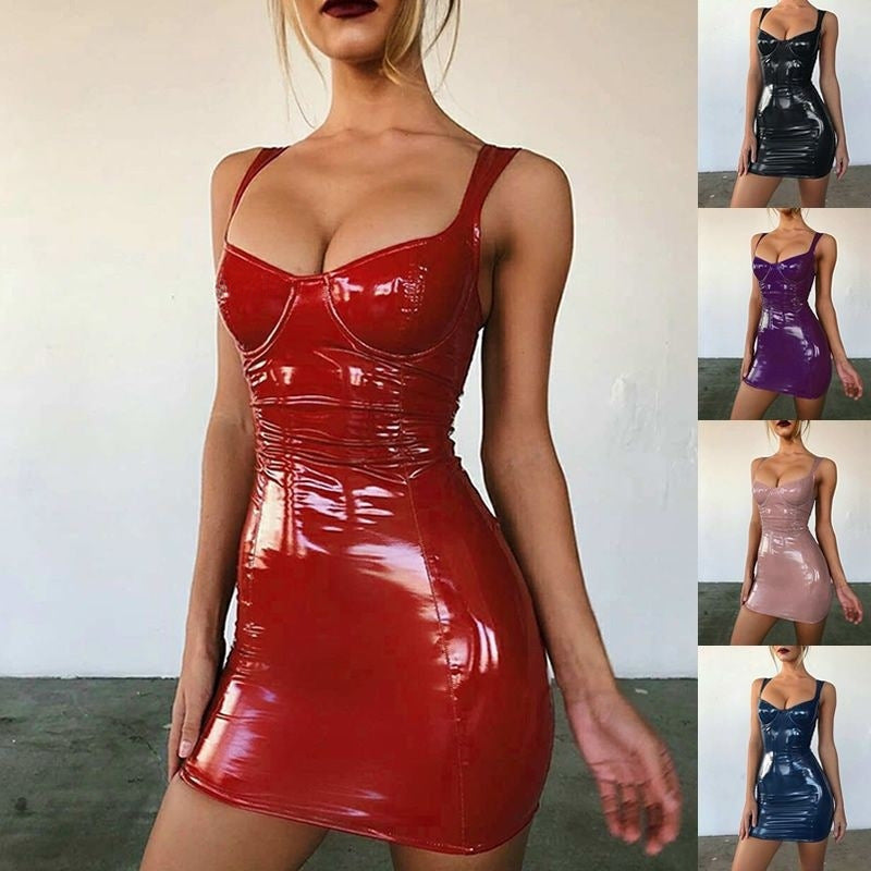 PU leather suspender dress sexy nightclub disco celebrity goddess bright wrap chest strap waist slimming