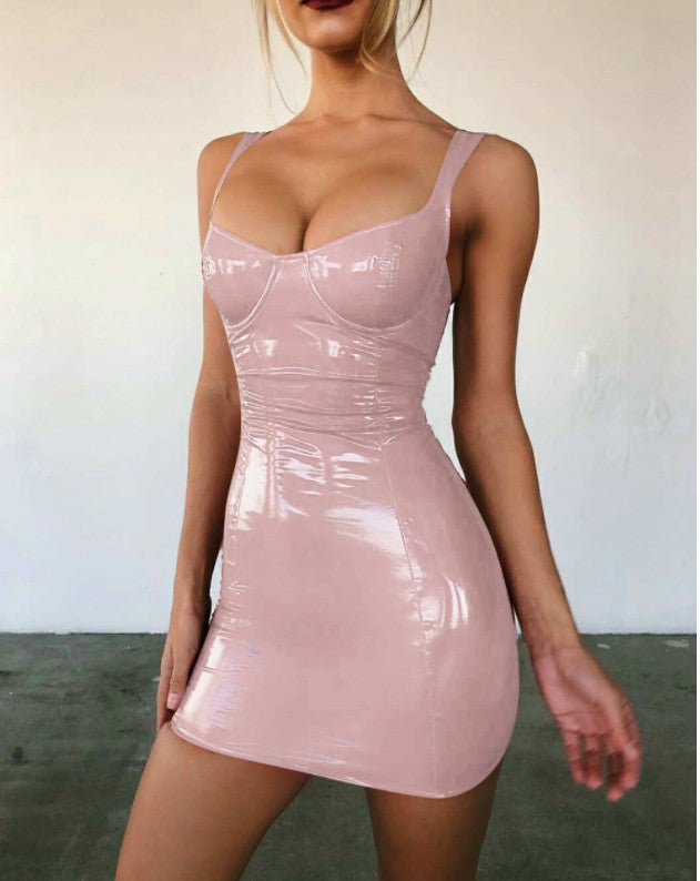 PU leather suspender dress sexy nightclub disco celebrity goddess bright wrap chest strap waist slimming
