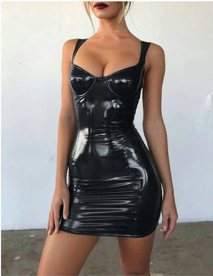 PU leather suspender dress sexy nightclub disco celebrity goddess bright wrap chest strap waist slimming