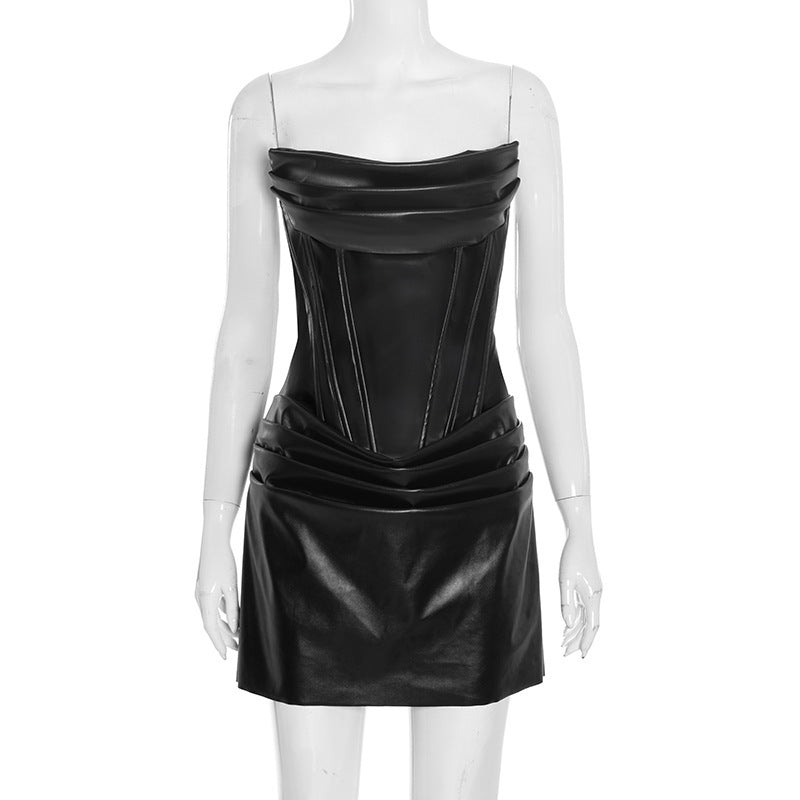 PU pleated fishbone strapless A-line dress