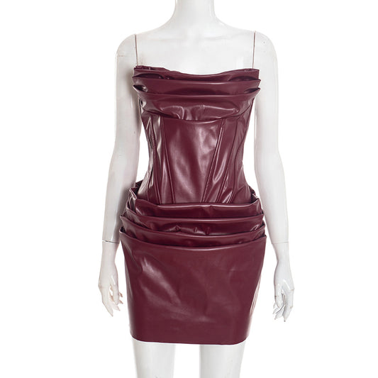 PU pleated fishbone strapless A-line dress