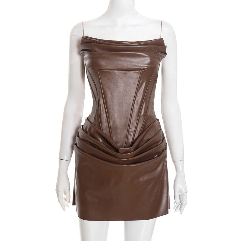 PU pleated fishbone strapless A-line dress