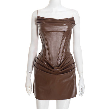 PU pleated fishbone strapless A-line dress