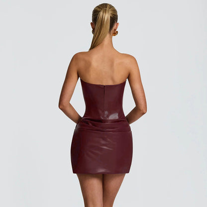 PU pleated fishbone strapless A-line dress