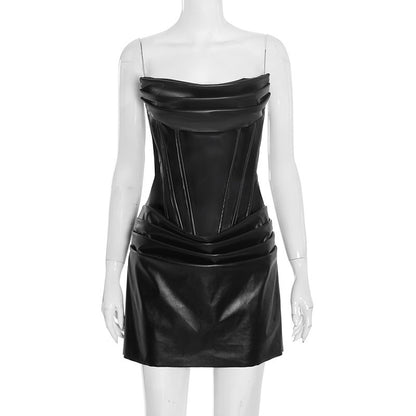PU pleated fishbone strapless A-line dress