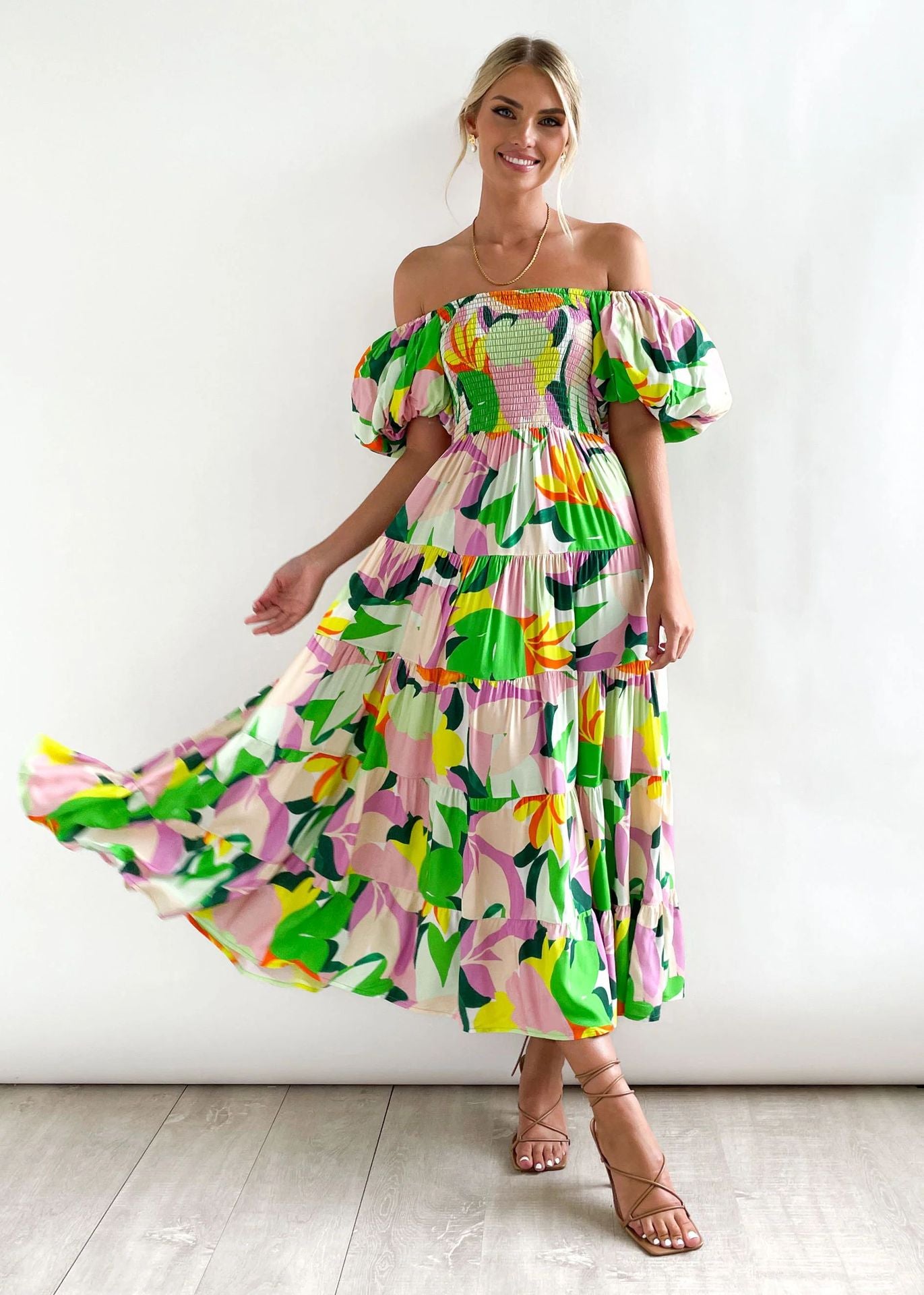 Puff Sleeve Off-Shoulder Printed Dress
