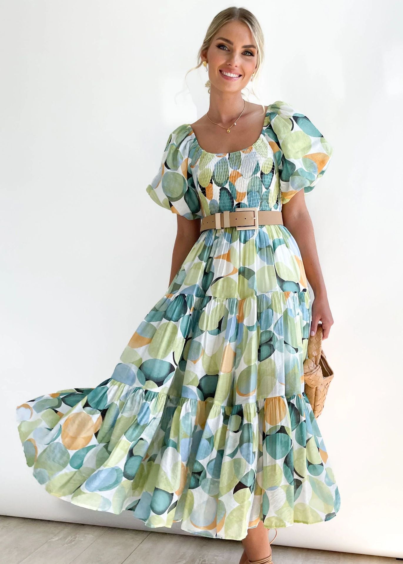 Puff Sleeve Off-Shoulder Printed Dress