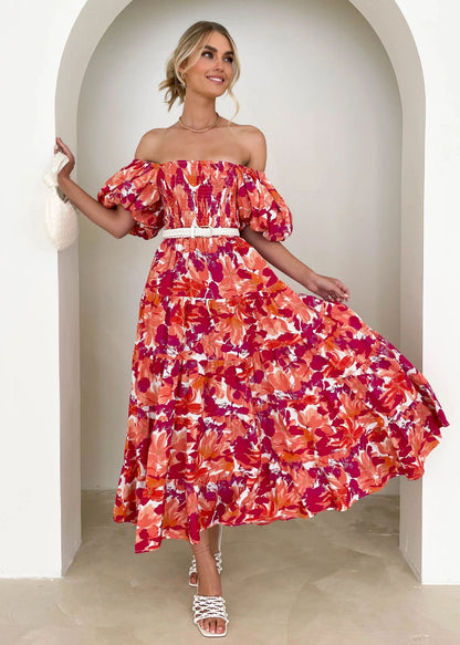 Puff Sleeve Off-Shoulder Printed Dress