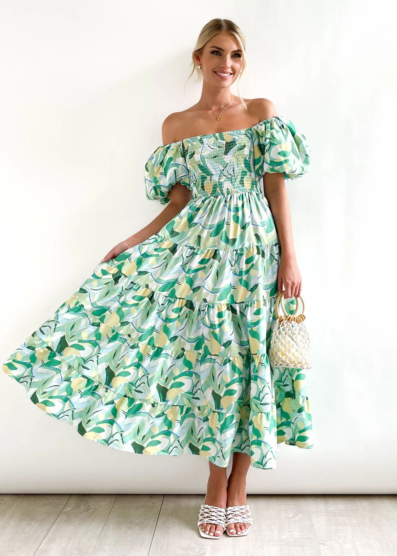 Puff Sleeve Off-Shoulder Printed Dress