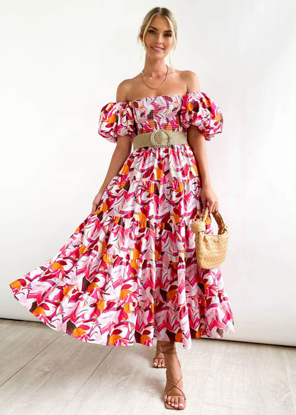 Puff Sleeve Off-Shoulder Printed Dress